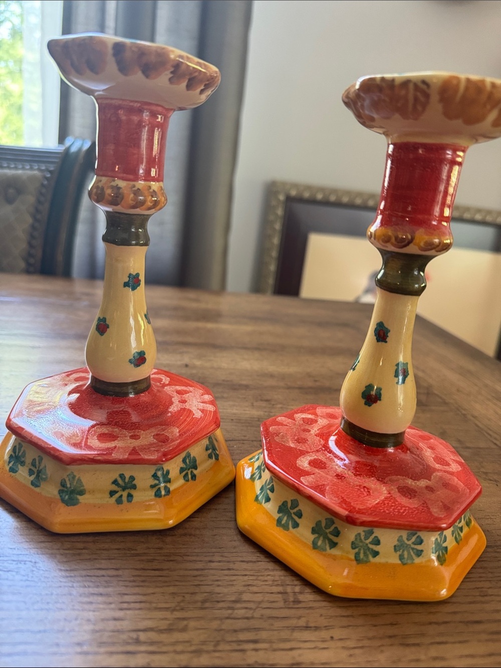 Hand-Painted Ceramic Red & Yellow Candlestick Pair Made in Italy | Southwestern